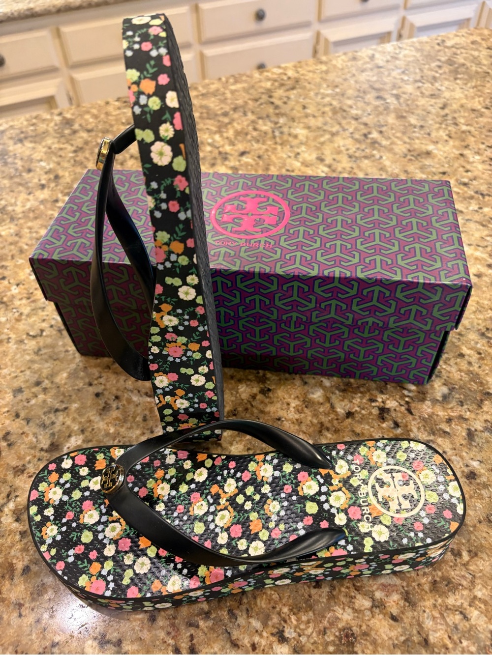 Tory Burch Black Floral Platform Sandals worn 2 times.